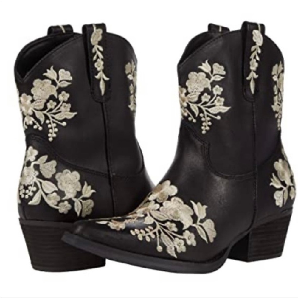 Dingo Black Ankle Boots with Cream Floral Embroidery